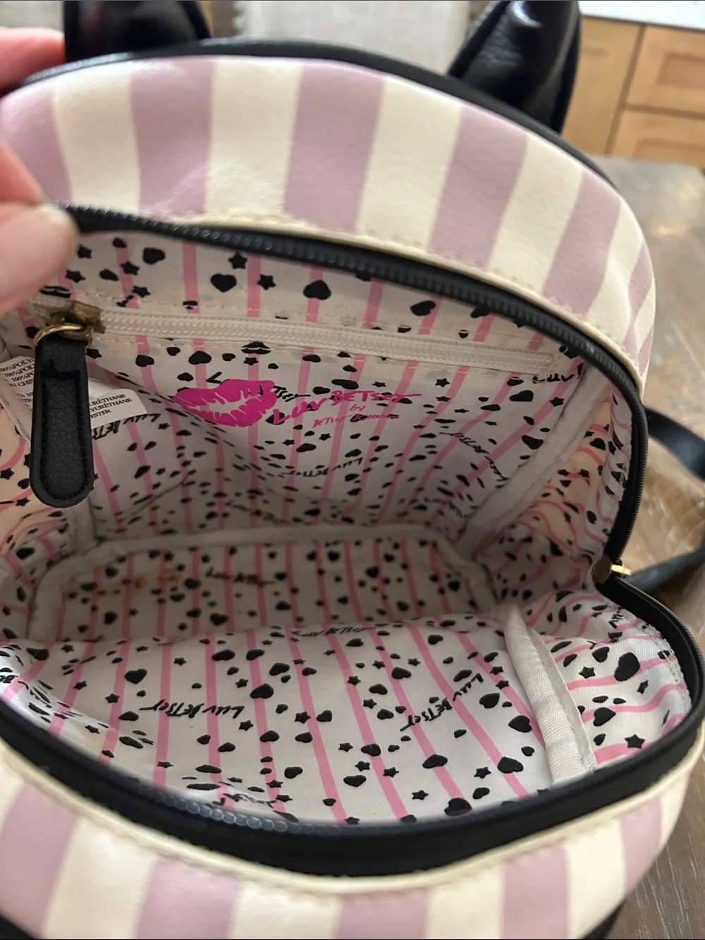 Betsey Johnson Pink & Black Quilted 'LUV' Mini Backpack with Pom